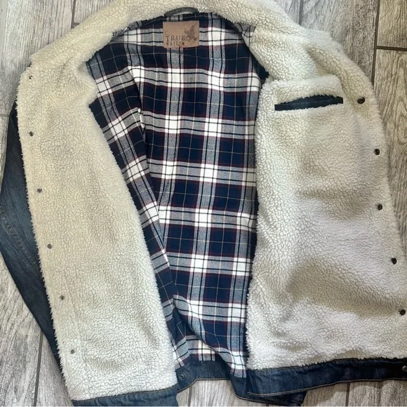 True Nation by DXL Men's Big & Tall Dark Blue Denim Sherpa & Plaid Lined Jacket - Picture 7 of 9